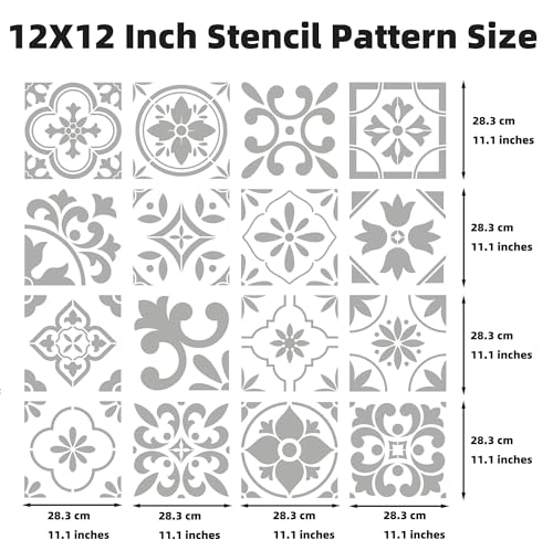 16 Pack Spanish Tile Stencils for Painting Floors & Walls - 12x12 - size: 12 X 12 Inch