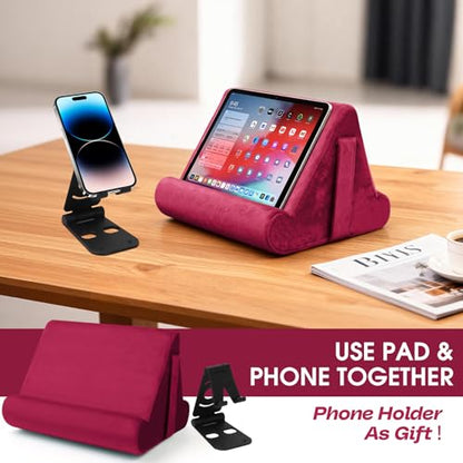 Multi-Angle Tablet Stand with Soft Pad and Net Pocket - Universal Phone and Pad Holder for Lap, Knee, Sofa and Bed (Wine Red) - color: Wine Red
