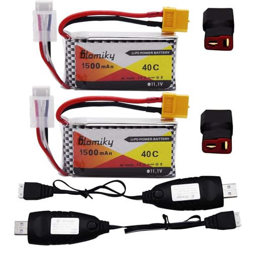 Blomiky 2 Pack 11.1V 3S 1500mAh Lipo Battery with XT60 Plug and 2 USB Cables Suitable for RC Car Drones Helicopter / 11.1V 1500mAh XT60 2