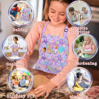 Kids Aprons for Cooking, Toddler Apron for Girls with Pockets Apron for Kid - color: Purple Butterfly