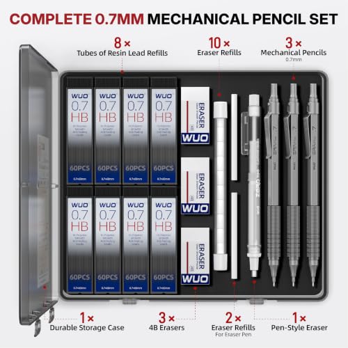 WUO 0.7mm Mechanical Pencil Set, 3 Pack Grey Metal Drafting Pencils - color: Grey, size: 0.7