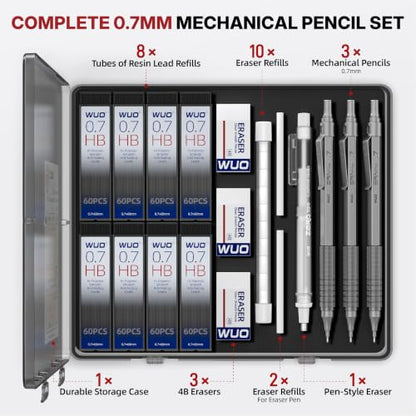 WUO 0.7mm Mechanical Pencil Set, 3 Pack Grey Metal Drafting Pencils - color: Grey, size: 0.7
