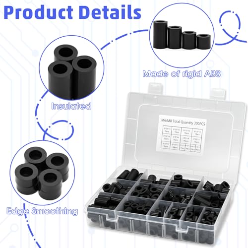 300Pcs Black Nylon Round Spacer M6 M8 Non-Threaded Assortment Kit