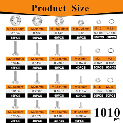1010Pcs 304 Stainless Steel M1 M1.6 M2 M2.5 Metric Micro Screws Nuts Assortment, Hex Nuts, Small Machine Screws, Flat & Spring Washers for Arduino, RC Models, Electronics and DIY - size: 1010pcs