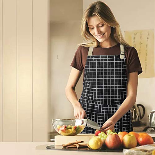 NLUS 2 Pack Kitchen Cooking Aprons, Adjustable Bib Waterproof Chef Apron with 2 Pockets for Men Women(Grey Stripe/Black Plaid) - color: Grey/Black