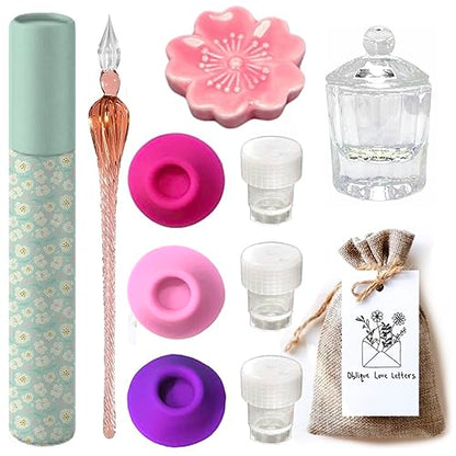 Glass Dip Pen Set with Glass Ink Well Inkwell with Lid Calligraphy Writing Set - style: Coral Pink Glass Dip Pen Set