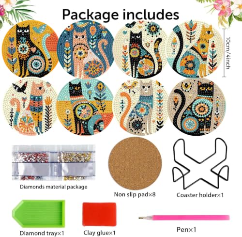 8 Pack Diamond Art Coasters Kit for Adults, Cat Diamond Painting Coasters - color: Cat Coasters-a