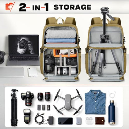 RAINSMORE Camera Backpack, DSLR/SLR/Mirrorless Camera Bag for Photographers - color: Khaki