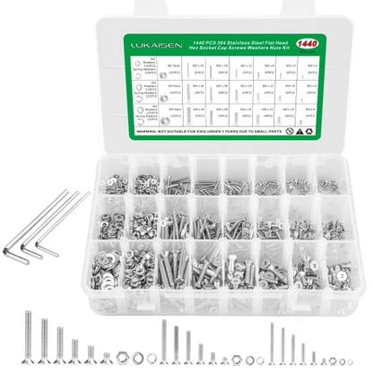 1440Pcs Screw Assortment Kit, M2 M3 M4 Stainless Steel Hex Flat Cap Bolts - size: SS M2 M3 M4 1440pcs 1