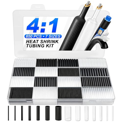 ROADPLUM 4:1 Adhesive Lined Heat Shrink Tubing Kit, 650 PCS Dual Wall Tubing | 7 Sizes 3/32"-3/4", Clear & Black, Waterproof Industrial Wire Shrink Wrap for Electrical, Marine and Automotive Use