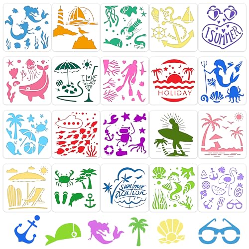 20Pcs Ocean Stencils for Painting,7.8Inch Reusable Large Beach Stencils