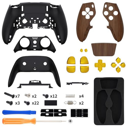 eXtremeRate Full Set Shell with Buttons Touchpad Cover Compatible with ps5 Edge Controller, Wood Grain & Black Replacement Decorative Trim Shell Front Back Plates Compatible with ps5 Edge Controller - color: Wood Grain Black