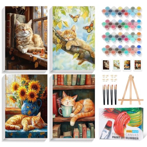 4 Pcs Framed Paint by Numbers Kit for Adults Sleeping Cat with Wooden Easel - color: YOP4P10