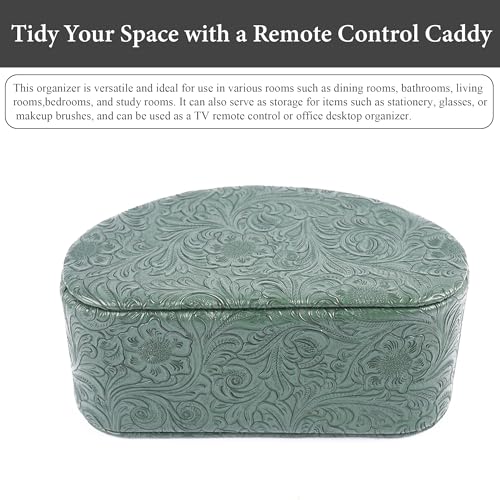 Remote Control Holder, PU Leather Remote Caddy Desktop Organizer with 5 Spacious Compartments for TV Remotes/Media Controllers/Office Supplies (1-Carved3 Green1 - color: 1-Carved3 Green1