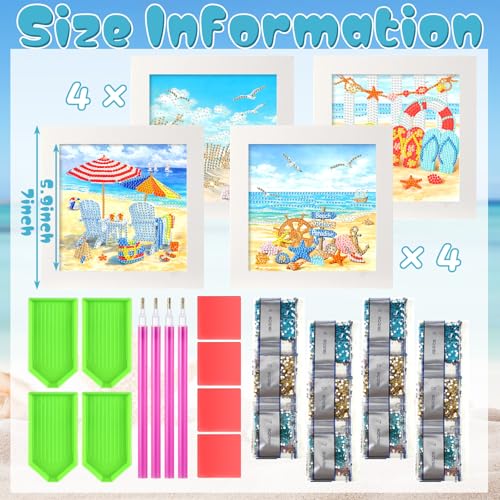 Geyoga 4pcs Beach Diamond Painting Kits with Frame for Adults 7 x 7 Inch - style: Summer