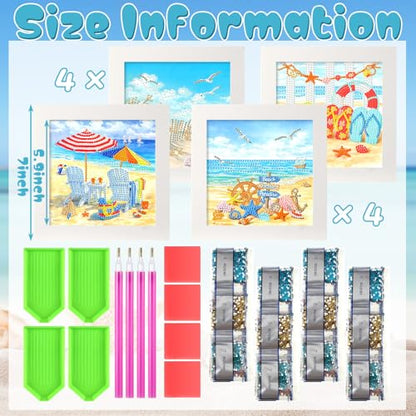 Geyoga 4pcs Beach Diamond Painting Kits with Frame for Adults 7 x 7 Inch - style: Summer