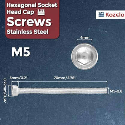 Socket Head Cap Screws M5-0.8x70mm 304 Stainless Steel Silver 10pcs - size: M5-0.8x70mm