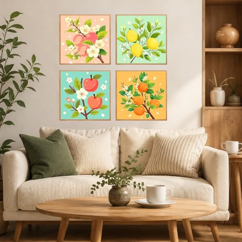 AUKELHJ 4 Pack Framed Paint by Numbers Kit for Adults, Fruit, 8x8 Inch - color: 05-Fruit