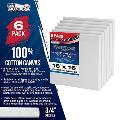 U.S. Art Supply 16"x16" Stretched Canvas for Painting, 3/4" Profile, 6-Pack - size: 16" x 16"