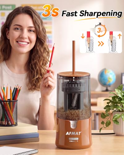 AFMAT Electric Pencil Sharpener, Plug-in Pencil Sharpener for 6-12mm Pencil - color: Brown