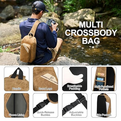 Padwa Lifestyle Khaki Crossbody Camera Bag - Waxed Memory Canvas Compact Camera Sling and Crossbody Bag with Fast Access,Versatile Lightweight Everyday Bag Great for Photographers Travel,Photography - color: Khaki, style: Crossbody Portable