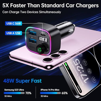 Syncwire Bluetooth 5.4 Car Adapter 48W FM Transmitter for Hands Free Calls - color: Black, style: 48W