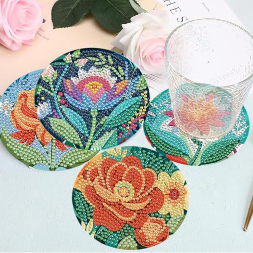 8 Pcs Flower Diamond Art Coasters, Diamond Painting Coasters - color: Flower-4