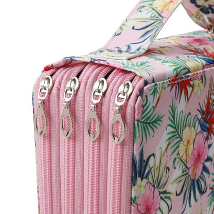 Canvas 200 Slots Pencil Case 4-Layer Zipped Holder w/Handle - color: Pink Flower, size: 200