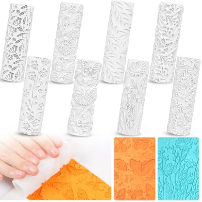 8 Pcs Non-Stick Polymer Clay Texture Rollers (Floral & Botanical) - color: Floral & Botanical