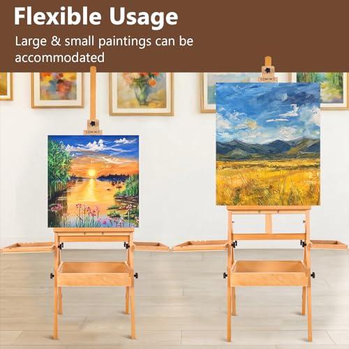 Wooden H-Frame Studio Easel with Storage Drawer and Palettes,Natural - style: Side Trays Natural