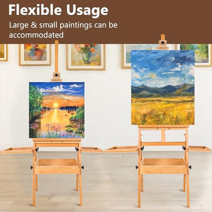 Wooden H-Frame Studio Easel with Storage Drawer and Palettes,Natural - style: Side Trays Natural