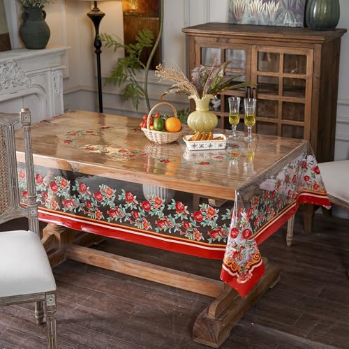 ARTABLE Clear Vinyl Tablecloth Pomegranate Floral Print Wipeable 60x84 Inch - color: Pomegranate, size: 84" x 60" (Rectangular)