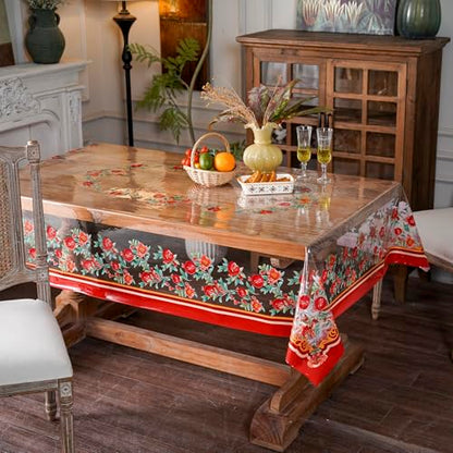 ARTABLE Clear Vinyl Tablecloth Pomegranate Floral Print Wipeable 60x84 Inch - color: Pomegranate, size: 84" x 60" (Rectangular)