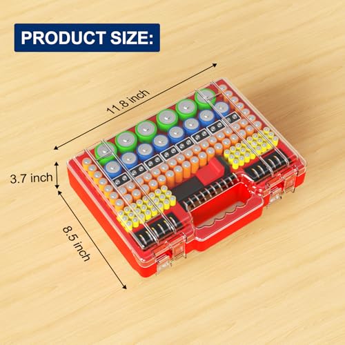Molutsody Battery Organizer Box with Tester, Storage Case Holds 260 Batteries, Double Clear Locking Lid for AA AAA C D 9V - Red (Batteries Not Included) - color: Red