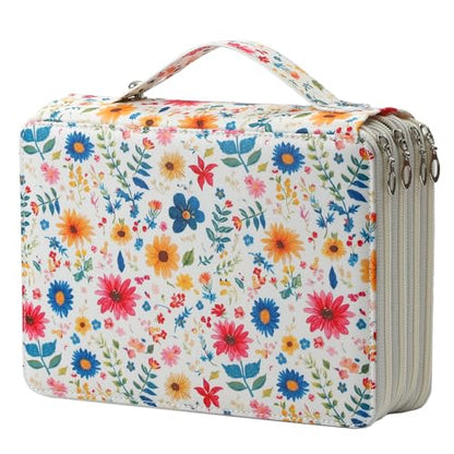 Canvas 200 Slots Pencil Case 4-Layer Zipped Holder w/Handle - color: Apricot Blossoms, size: 200