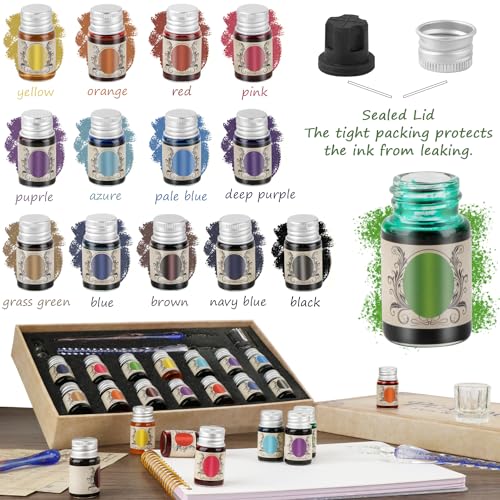 Calligraphy Pens, Dip Pen Set with 14 Color Inks, Glass Writing Instrument for Beginners