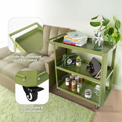 3 Tier Metal Utility Rolling Cart with Wheels, Green - color: Green