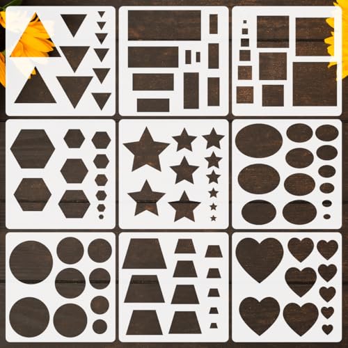 9pcs Plastic Drawing Stencils Basic Shape Template Geometric Shapes Reusable and Washable Suitable for School Teaching, Diary, Scrapbook, Greeting Card, Wood, Wall, Home Decoration