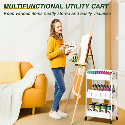 LEHOM 3 Tier Rolling Cart, Metal Rolling Utility Cart with Lockable Wheels - color: White