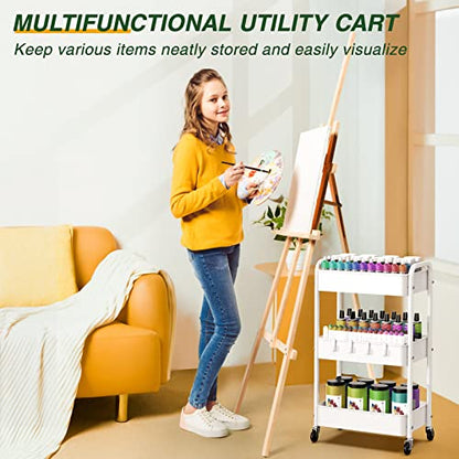 LEHOM 3 Tier Rolling Cart, Metal Rolling Utility Cart with Lockable Wheels - color: White