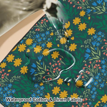 Boho Makeup Bag, Yellow Blue Wildflower Cosmetic Bag Makeup Organizer Pouch - color: Wildflower02