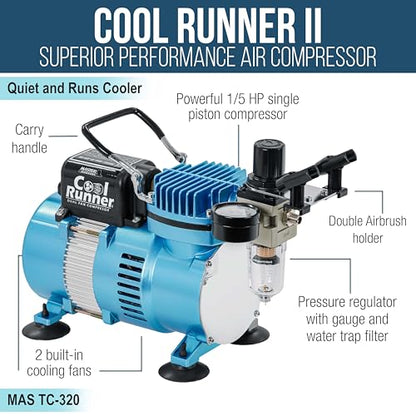 Master Airbrush Cool Runner II Air Brush Kit with Air Compressor Dual Fan - color: Cool Blue