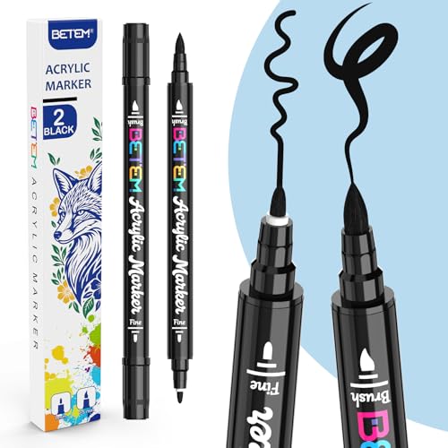 Betem 2 Black Paint Markers for Glass, Dual Tip Acrylic Paint Pens