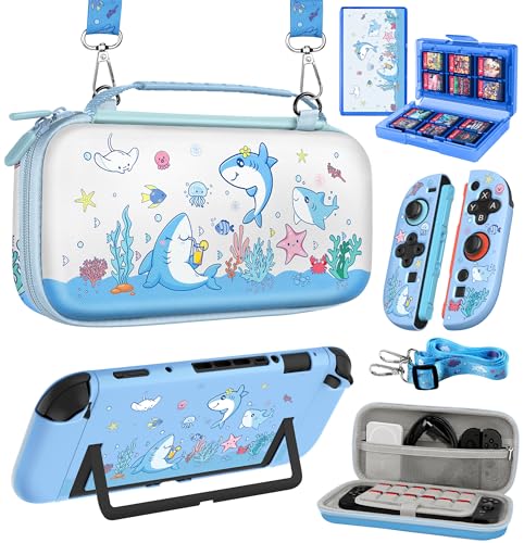 Gurgitat 6in1 Kits Accessories Bundle for Nintendo Switch 2 2025 - Cute Carrying Case, Protective Cover, Joy Con Grips, Thumb Grips, 24 Game Holder, Shoulder Strap Teens Boys Girls, Blue Shark - color: Blue Shark, size: for Nintendo Switch 2