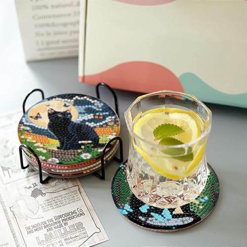 askkqtx 8 Pcs Black Cat Diamond Art Coasters Kits with Holder 4X4 Inch - color: Coasters-bdwy340