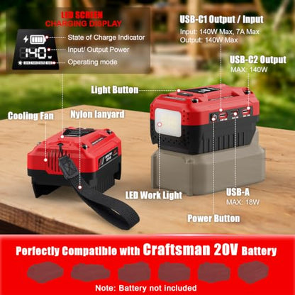 140W USB Battery Charger Compatible with Craftsman 20V Battery - color: Crimson