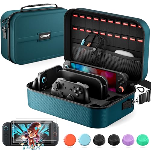 COOWPS for Nintendo Switch 2 Case, 2-Pack Screen Protectors, 6 Thumb Grips - color: Dark Cyan