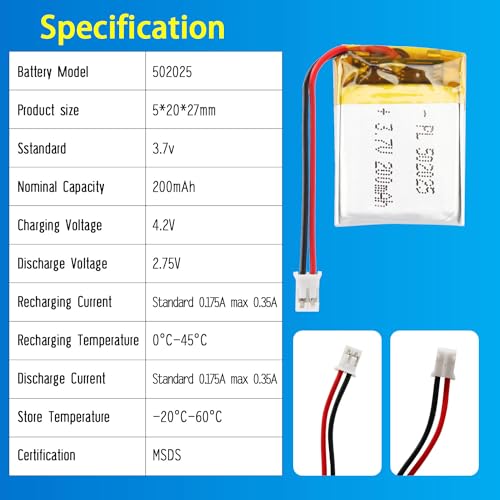 502025 3.7V Lipo Battery 200mAh 502025 Rechargeable Lithium - size: 502025 200mAh