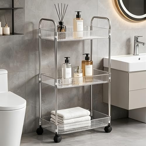 Sooyee Clear 3-Tier Plastic Rolling Utility Cart with Wheels - color: Clear, size: Wide 3 Tier