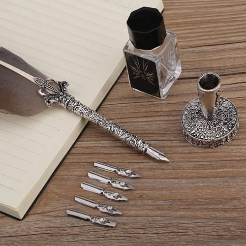Feather Pen 10.63in Quill and Ink Bottle Set (Without Ink)